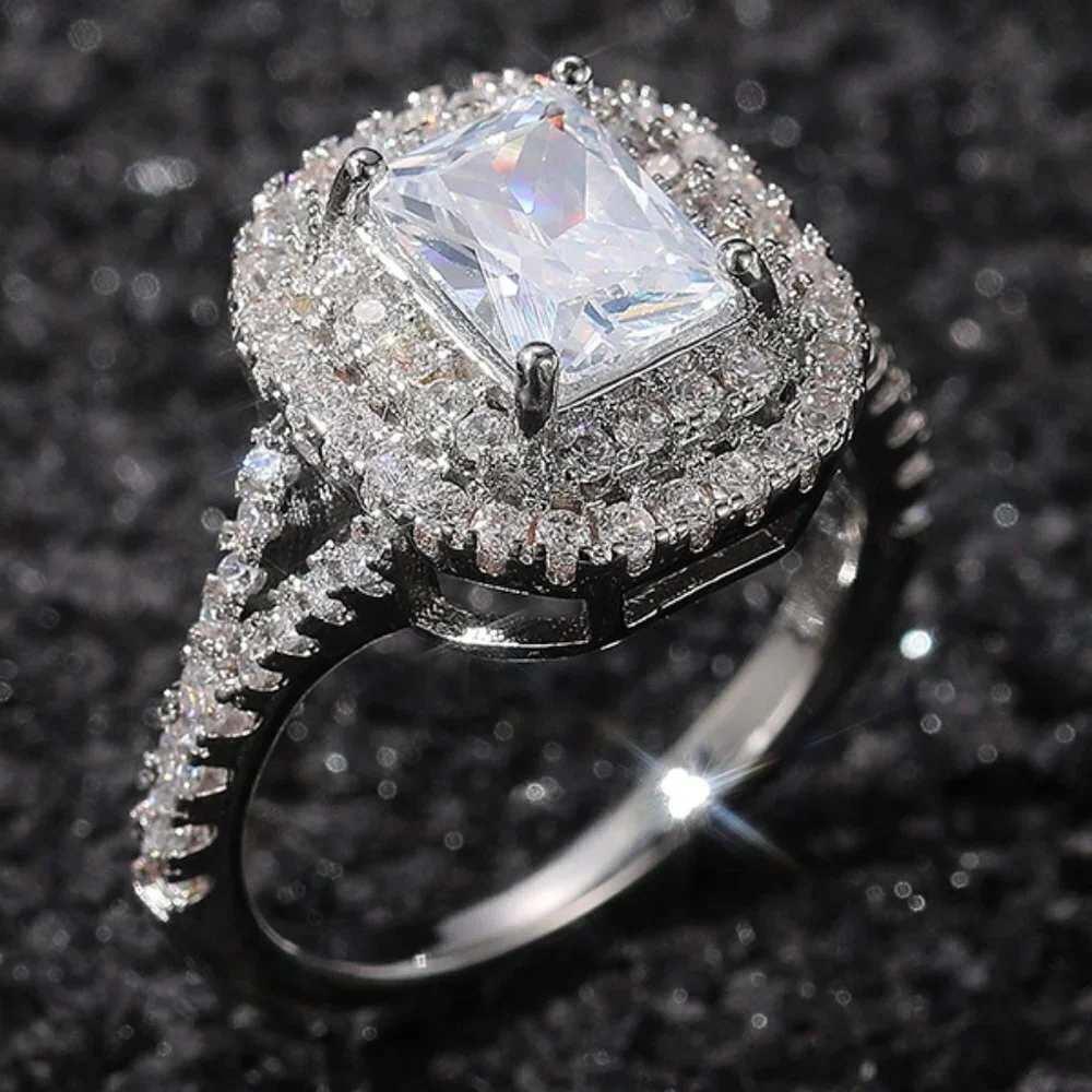 🔥DOUBLE LAYER 14K WHITE GOLD RADIANT CUT PURE CZ LUXURY WEDDING RING, K856